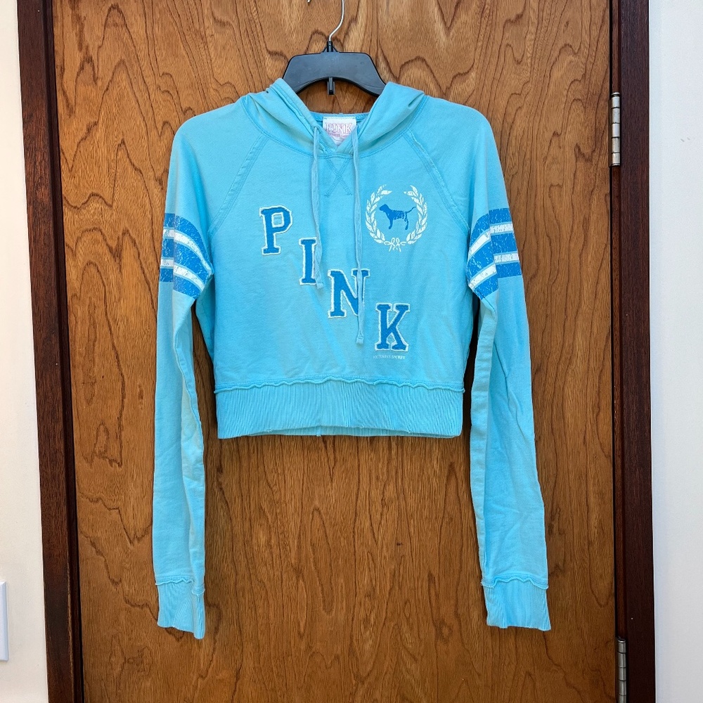 PINK Victoria's Secret Varsity Dog Pullover Hoodie Light blue Medium Fits Small